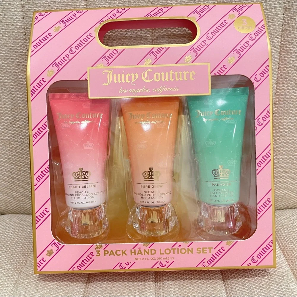 NEW Juicy Couture 3 Pack Hand Lotion Peach‎ Bellini Pure Glow Paradise 2oz Tubes